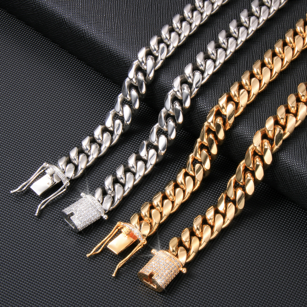 Hip Hop Stainless Steel 18k Gold Plated Miami Cuban Curb Chain Cuban Link Chain Necklace Bracelet For Men Women