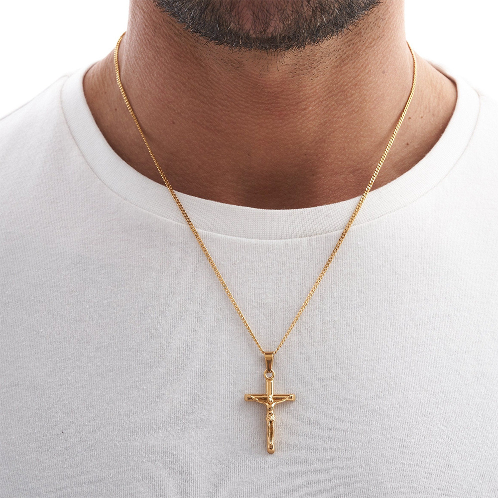 Jesus Cross Necklace 18k Gold Silver Stainless Steel Religious Christian Jewelry Men Gold Cross Pendant Necklace