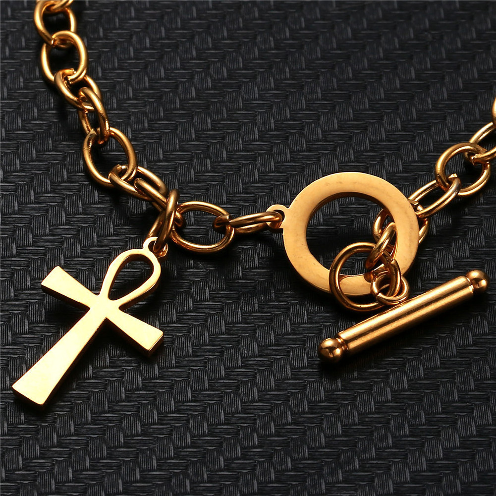 Stainless Steel Chain OT Clasp Toggle Bracelet Purse Dollar Symbol Ankh Charm Bracelet For Women Men Cross Jewelry