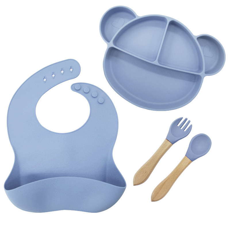 High Quality BPA-Free Silicone Baby Feeding Plate Bowl Set With Spoon Kids Divided Animal Shape Dinnerware Dish Utensil Set