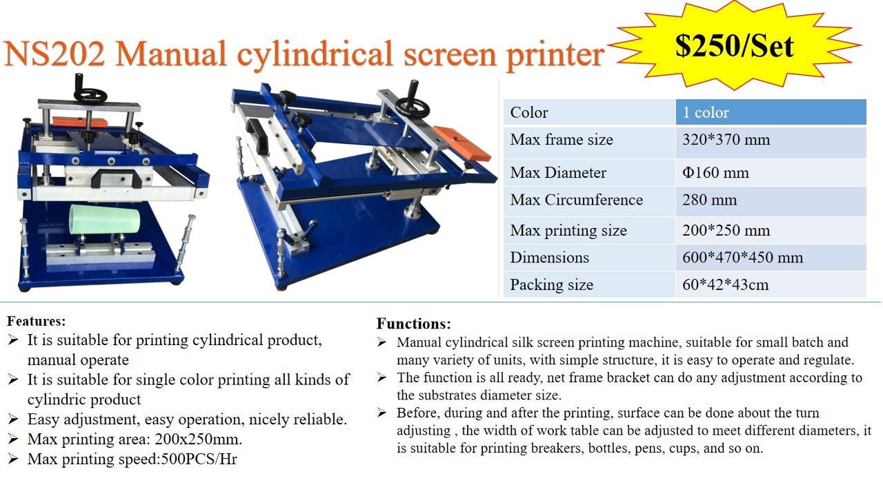 NS202 cup printing machine 1 color bottle printer,manual cylindrical silk screen printer