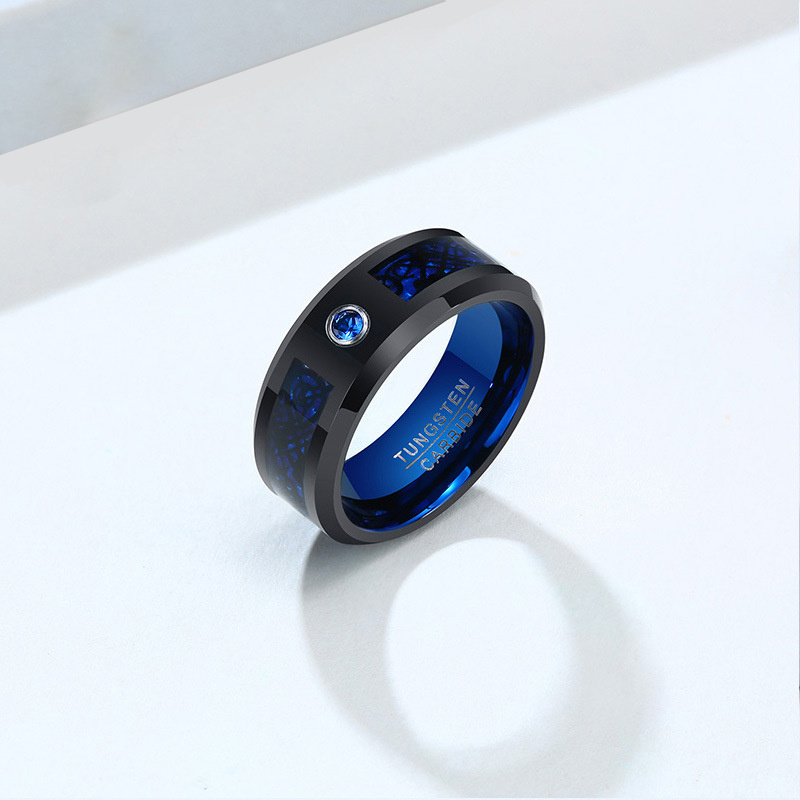 8mm Black Tungsten Ring for Men Women Wedding Band Blue Cubic Zirconia Stone Dragon Inlay Beveled Comfort Fit