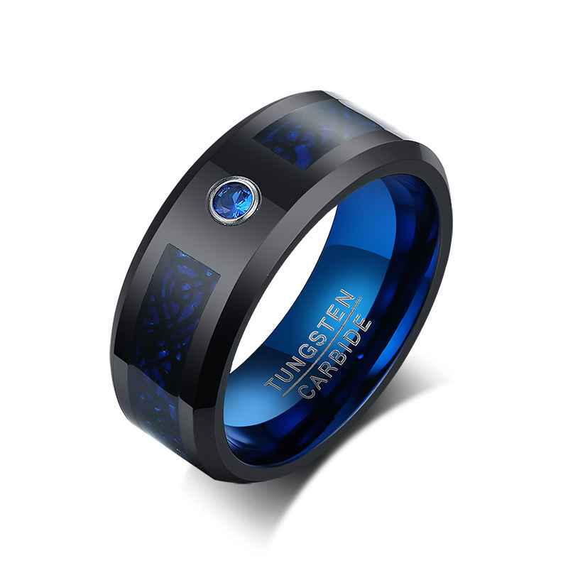 8mm Black Tungsten Ring for Men Women Wedding Band Blue Cubic Zirconia Stone Dragon Inlay Beveled Comfort Fit