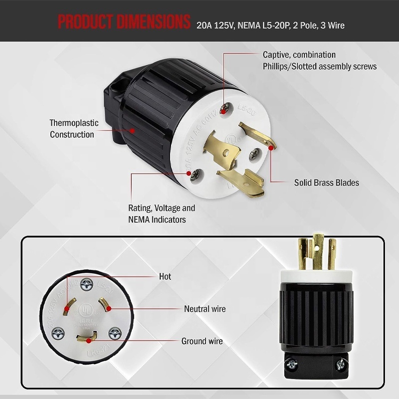 20A 125V NEMA L5-20P Outdoor Extension Industry Receptacle Connector 2 Pole 3 Wire Generator Plug Twist Lock Male Plug