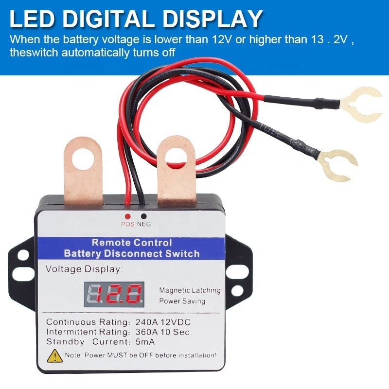 Battery Relay Switch 12V 240A Battery Disconnect Switch Led Voltmeter Remote Control Relay Switch with 2 Wireless Control Fobs