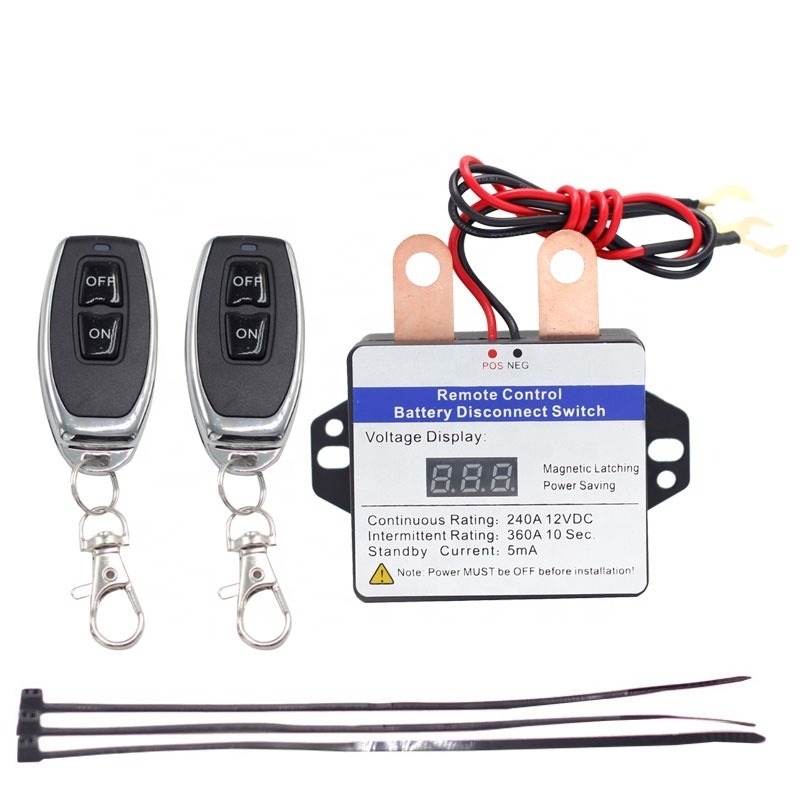 Battery Relay Switch 12V 240A Battery Disconnect Switch Led Voltmeter Remote Control Relay Switch with 2 Wireless Control Fobs