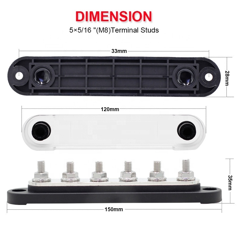 6*M6 Studs Heavy Duty 100A 200A 300A 304 Stainless Steel Bus Bar Terminal Distribution Block With Cover