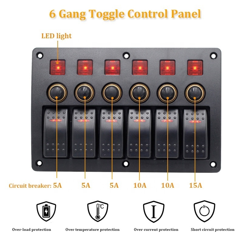 12v DC 6 Gang Toggle Control Panel 10/20A Waterproof Boat Marine Rocker Switch Panel With 5a 10a 15a Circuit Breaker