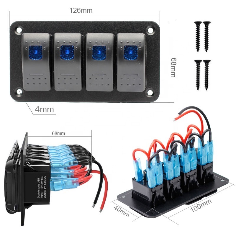 Waterproof 12V 4 Gang Switch Panel With 4 SPST 20A 5Pin ON Off Rocker Switch for Car Boat RV Truck Marine