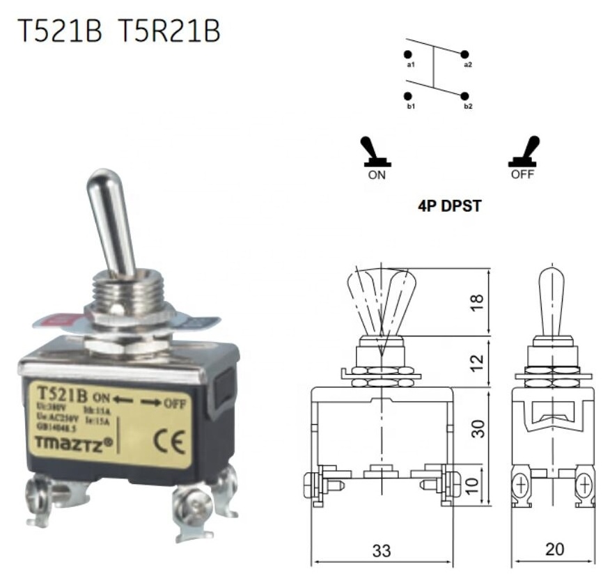 15A 250V 20A 125V AC ON/OFF 2 Position T521B DPST Heavy Duty Rocker Toggle Switches