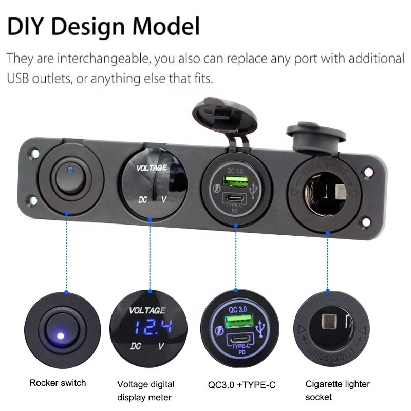 12V 4.2A Dual USB PD Charger Socket Truck Car Power Outlet LED Lighted Marine Switch Panel