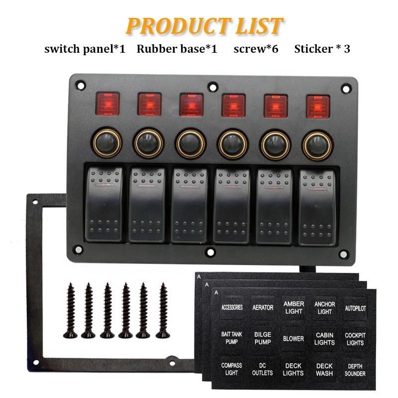 Waterproof  6 Gang Circuit LED Car Marine Boat Rocker Switch Panel With Circuit Breaker