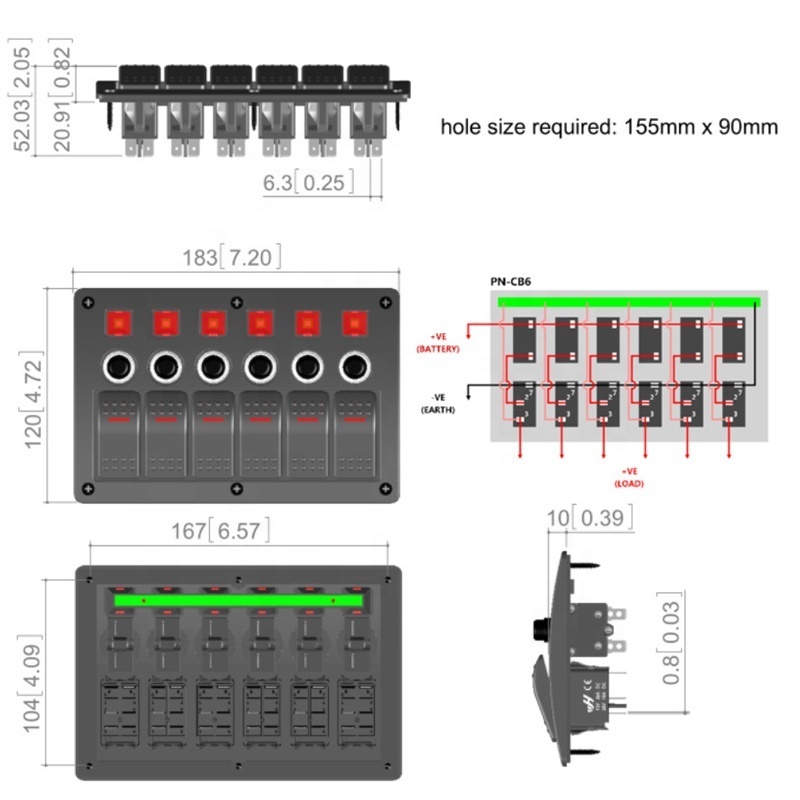 Waterproof  6 Gang Circuit LED Car Marine Boat Rocker Switch Panel With Circuit Breaker