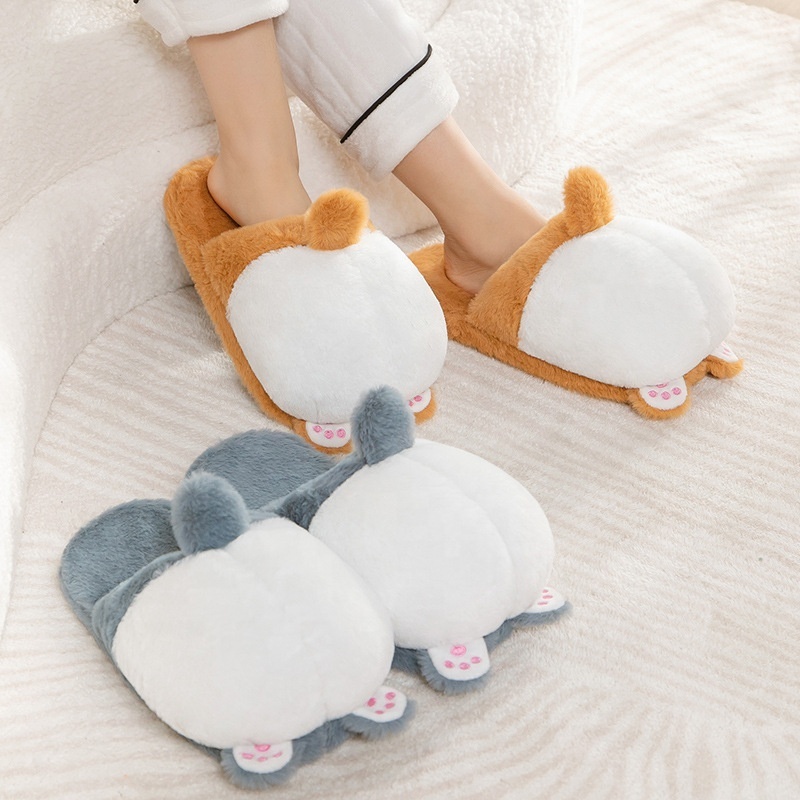 Cute corgi ass plush slippers plush stuffed animal dog slippers home casual bedroom slipper