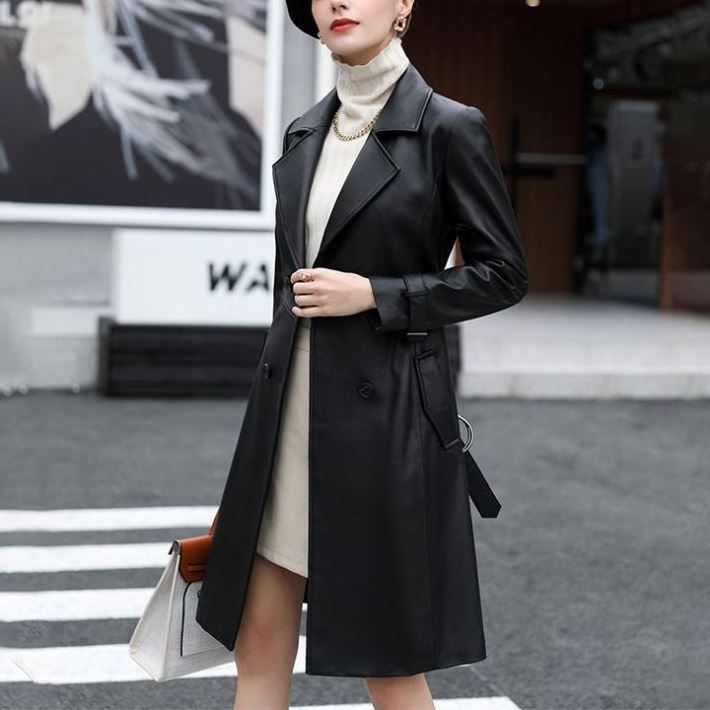 OUTENG Long OL Simple Belt Windbreaker Ladies Blazers Girls 2023 Luxury Formal Korean Leather Workout Women Leather Jacket