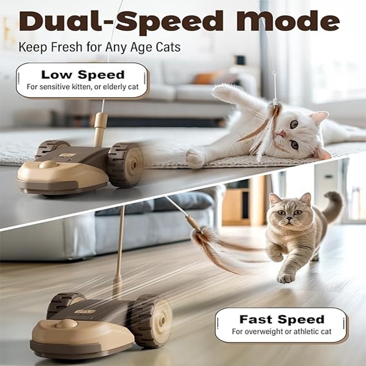 Feather teaser silicone tail 360 degree rotating interactive rattling mouse toy for cat