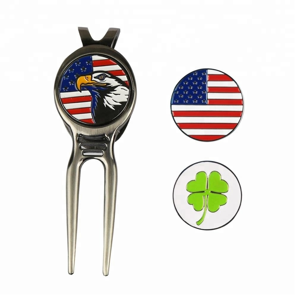 zinc alloy custom golf magnetic divot tools with belt clip and different ball markers set