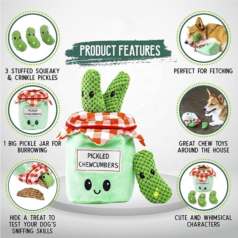 OEM ODM Custom Pickles Funny Toy Bundle Pack Hide And Seek Squeaky Pet Interactive Plush Dog Toys