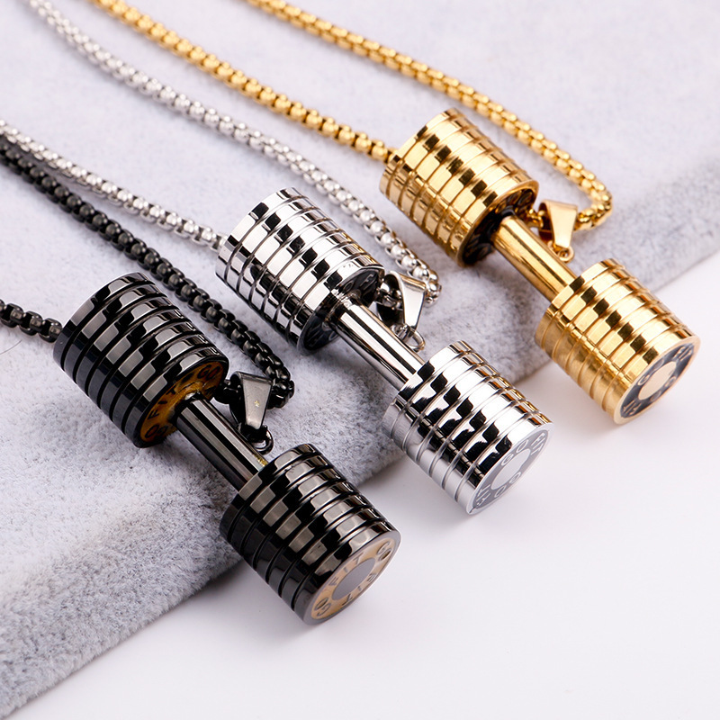 Wholesale Fashion Stainless Steel Men's Sports Jewelry Gold Black Fitness Dumbbell Chain Pendant Necklace for Men