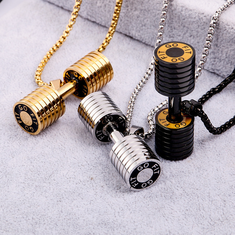 Wholesale Fashion Stainless Steel Men's Sports Jewelry Gold Black Fitness Dumbbell Chain Pendant Necklace for Men