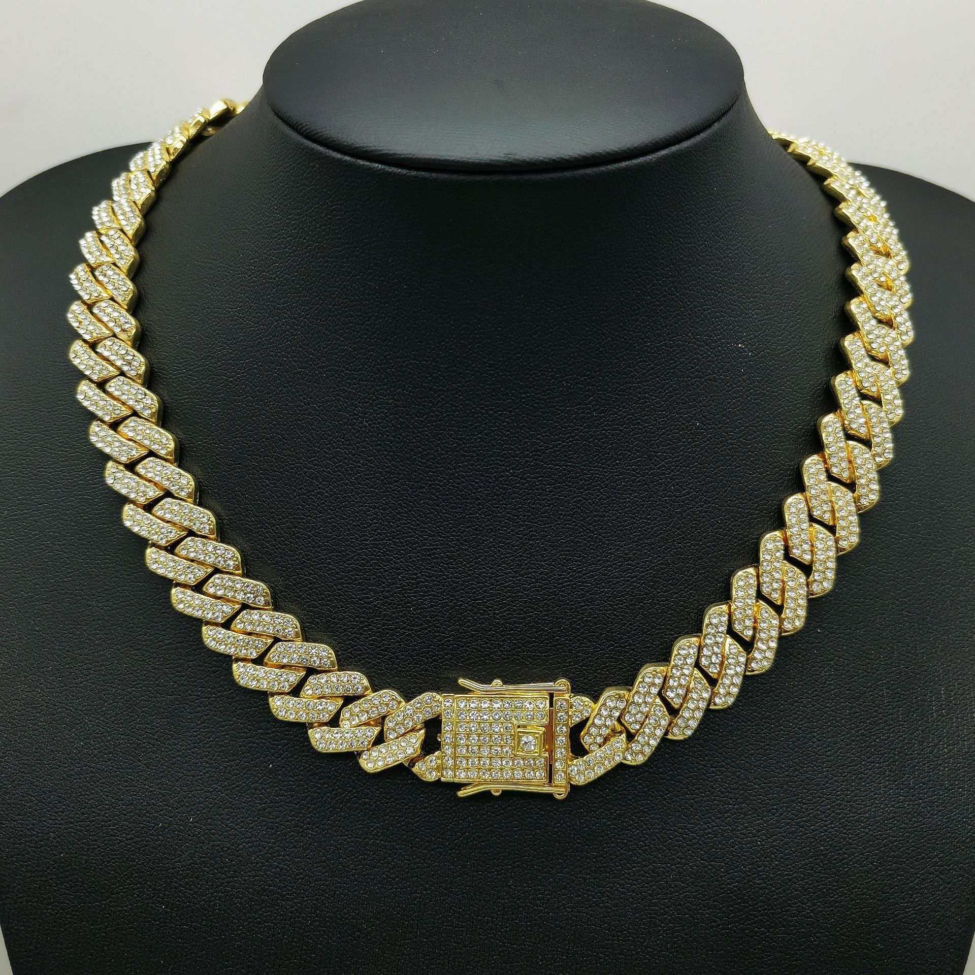 Wholesale Hip Hop Jewelry Cuban diamond bracelet Chain 14 mm Diamond Gold Plated Bling Rhinestone Cuban Link Chain Necklace