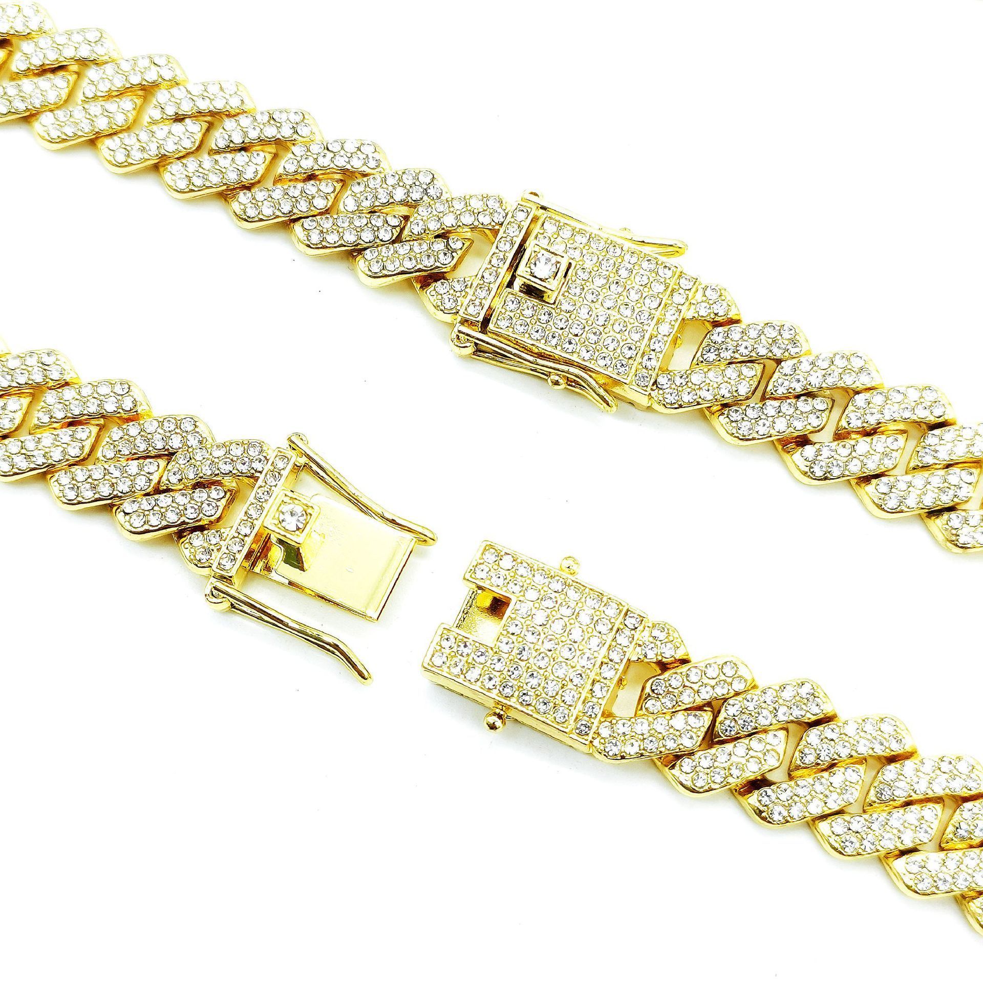 Wholesale Hip Hop Jewelry Cuban diamond bracelet Chain 14 mm Diamond Gold Plated Bling Rhinestone Cuban Link Chain Necklace