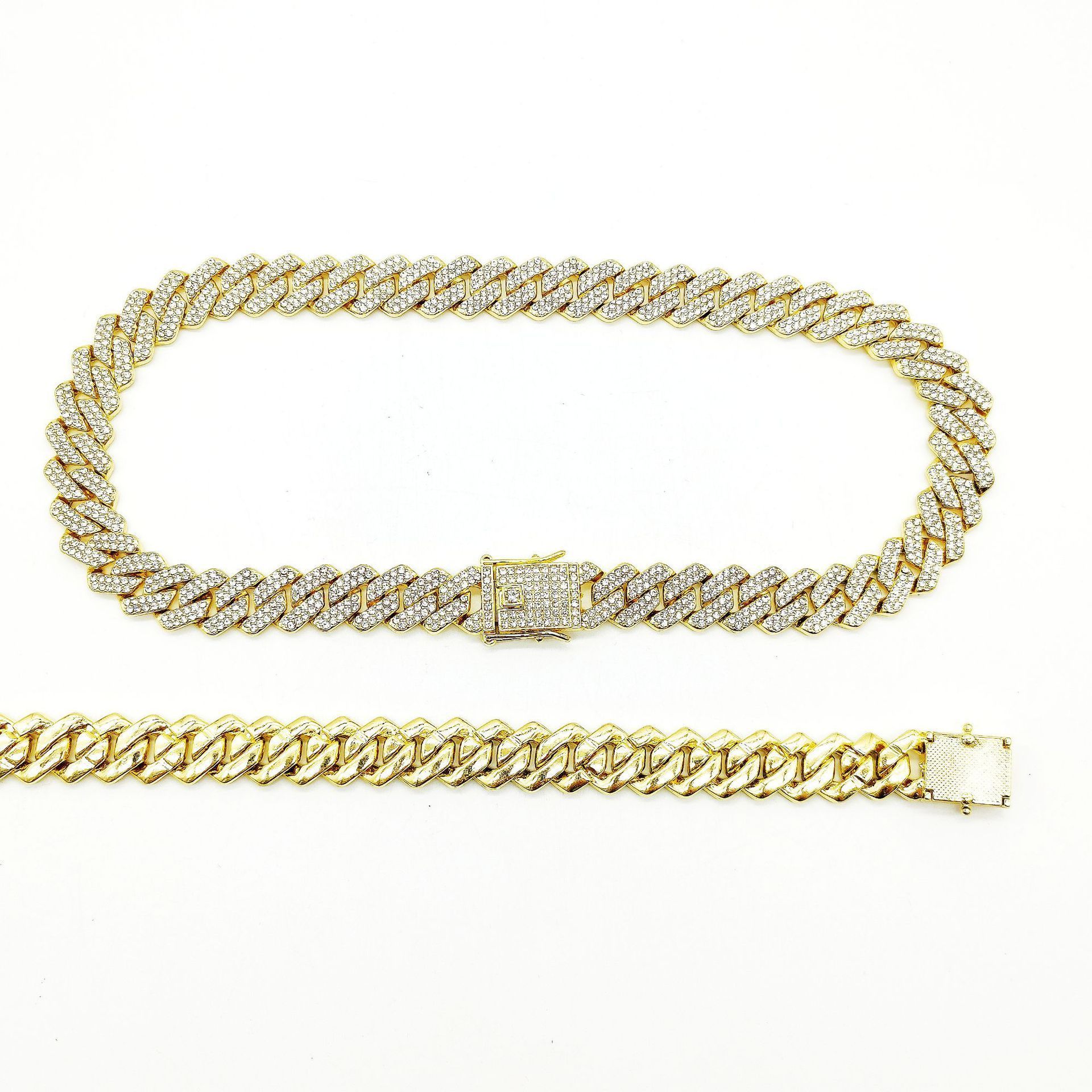 Wholesale Hip Hop Jewelry Cuban diamond bracelet Chain 14 mm Diamond Gold Plated Bling Rhinestone Cuban Link Chain Necklace