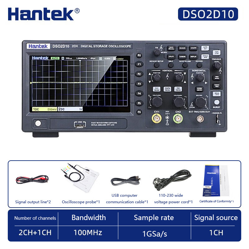 Hantek Bandwidth 100MHz Dual Channel Oscilloscope with Built-in 1CH Source, 1GSa/s Sampling Rate, DSO2D10 Oscilloscope