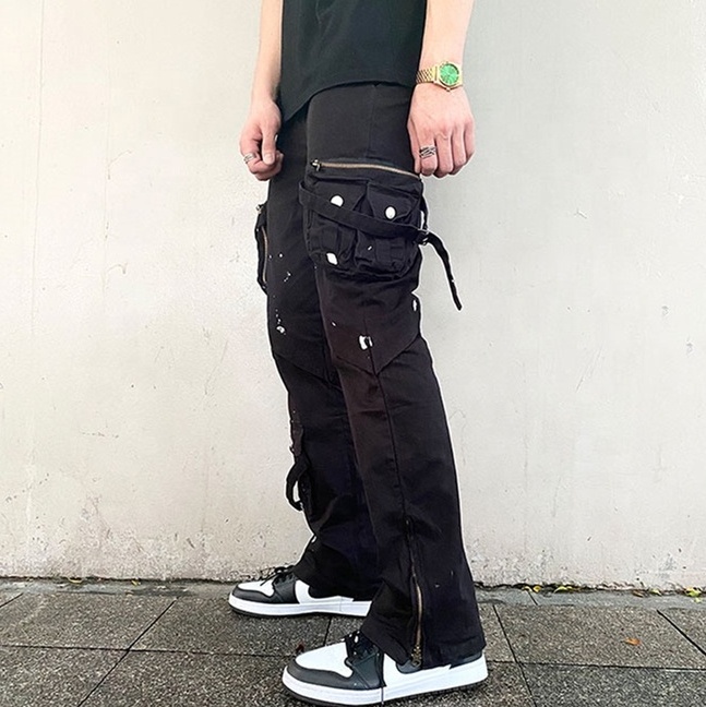 Custom Cotton jeans Splash Ink Design Trousers Straps Multi Pocket Jogger Pants Plus Size Men Pants Wholesale Baggy Cargo Pants