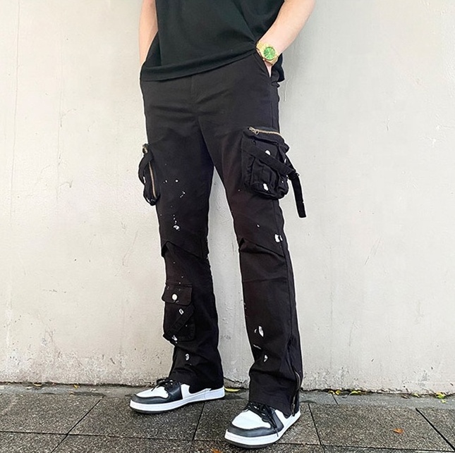 Custom Cotton jeans Splash Ink Design Trousers Straps Multi Pocket Jogger Pants Plus Size Men Pants Wholesale Baggy Cargo Pants