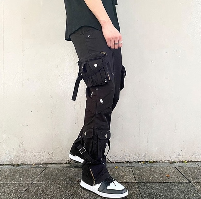 Custom Cotton jeans Splash Ink Design Trousers Straps Multi Pocket Jogger Pants Plus Size Men Pants Wholesale Baggy Cargo Pants