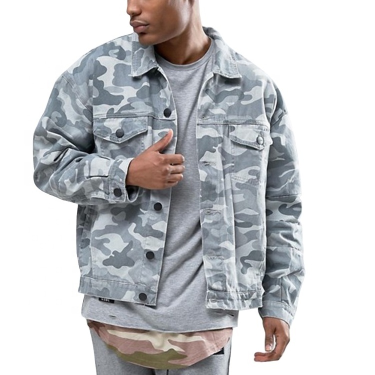 OEM Custom Suit Piece Set Zip Up Jacket men all over camo printing denim jacket button up Men'S jean windbreaker jacket