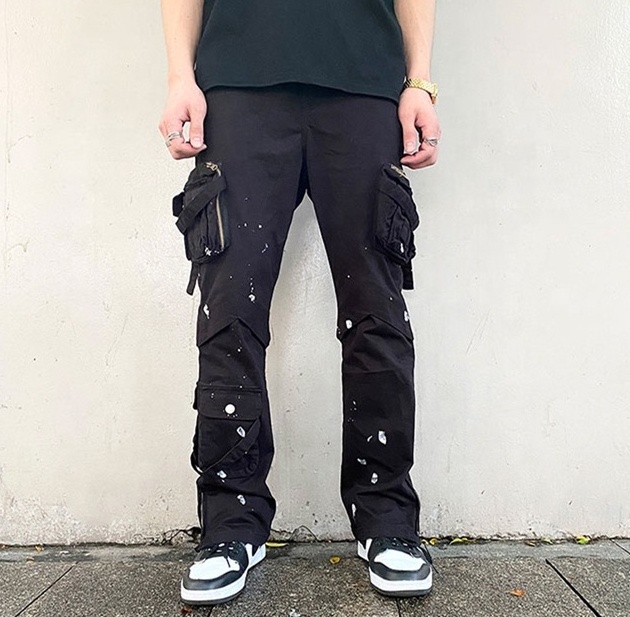 Custom Cotton jeans Splash Ink Design Trousers Straps Multi Pocket Jogger Pants Plus Size Men Pants Wholesale Baggy Cargo Pants