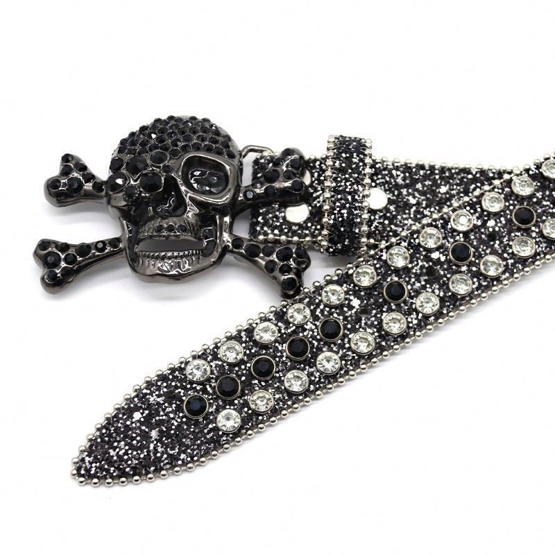 2023 New Arrival Custom logo Glitter Bb Simon Crystal Diamond Waist Black Rhinestone Skull Dna Belt