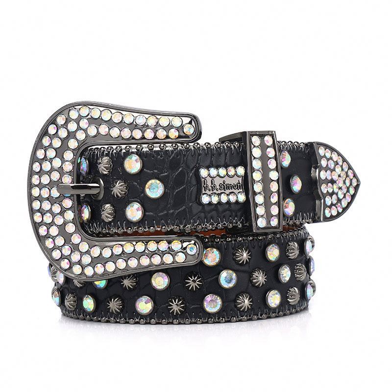 Designer Western Cowboy Bling Diamond Women Custom Removable Big Buckle Black DNA Rhinestone Belt Man