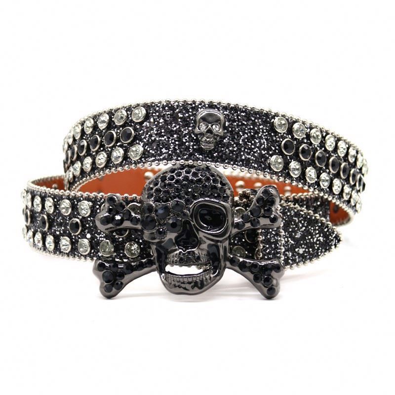 2023 New Arrival Custom logo Glitter Bb Simon Crystal Diamond Waist Black Rhinestone Skull Dna Belt