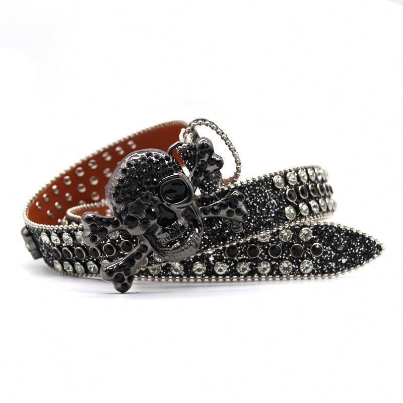 2023 New Arrival Custom logo Glitter Bb Simon Crystal Diamond Waist Black Rhinestone Skull Dna Belt