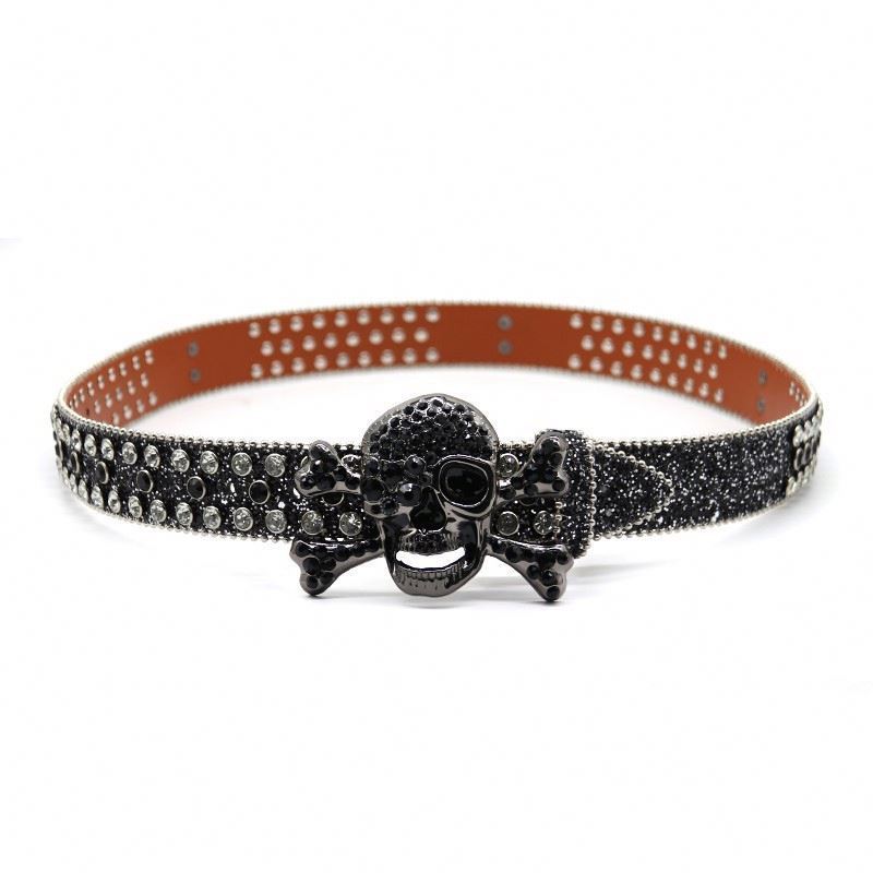 2023 New Arrival Custom logo Glitter Bb Simon Crystal Diamond Waist Black Rhinestone Skull Dna Belt