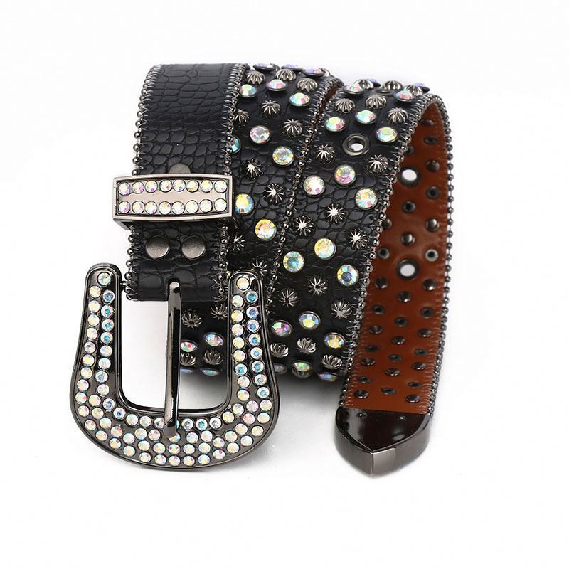 Designer Western Cowboy Bling Diamond Women Custom Removable Big Buckle Black DNA Rhinestone Belt Man