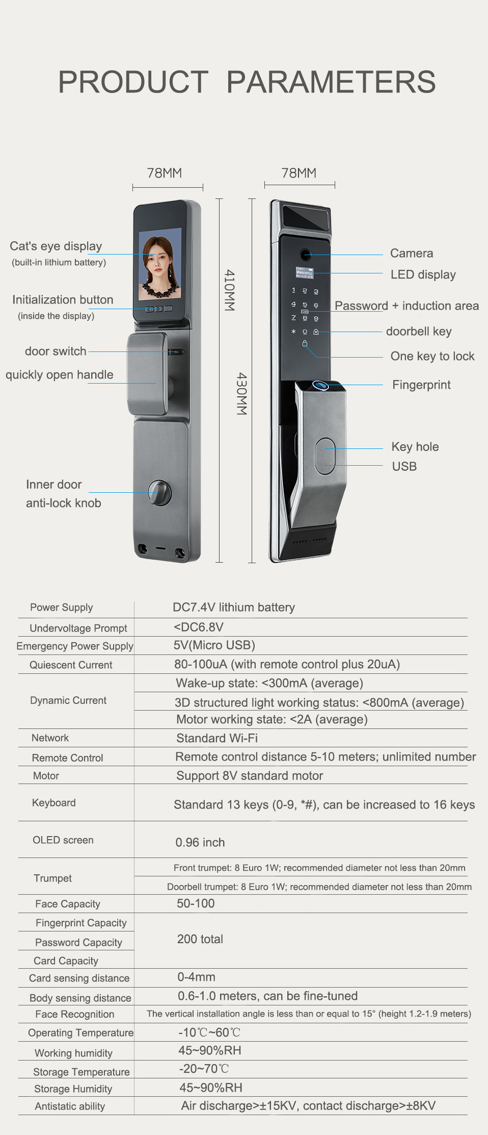 Qleung Intelligent Door Lock Fingerprint USmart Go Tuya App Passcode Smart Door Lock with Camera