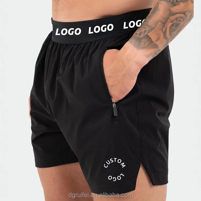 Custom logo waistband split hem recycled polyester nylon lined running workout activewear gym 5 inch inseam mesh shorts for men