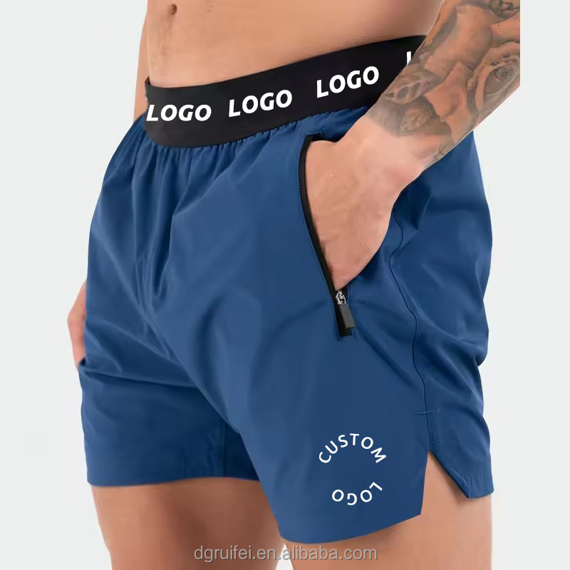 Custom logo waistband split hem recycled polyester nylon lined running workout activewear gym 5 inch inseam mesh shorts for men