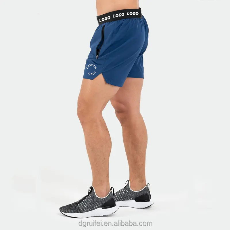 Custom logo waistband split hem recycled polyester nylon lined running workout activewear gym 5 inch inseam mesh shorts for men