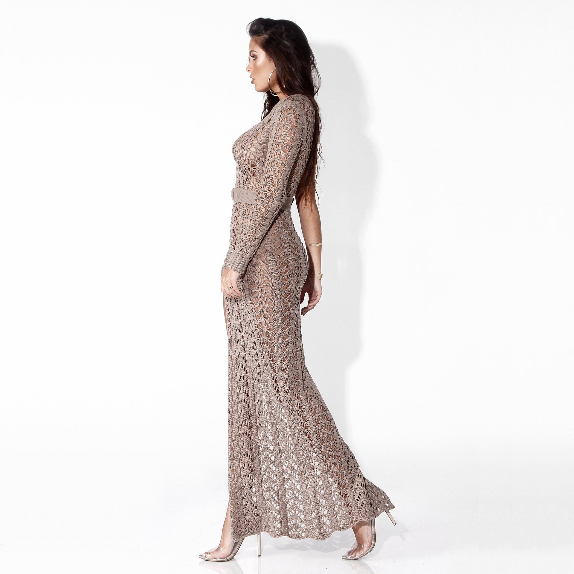 Fashion Mature Ladies Sexy Crochet With Belt Split Side Women Sweater Single Shoulder Hollow Knit Long Dress