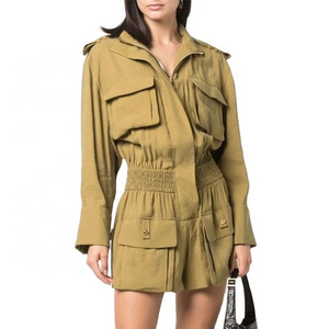 2022 Latest design style Military uniform style elastic shrink-pleated waist jumpsuit women's long sleeves short jumpsuit