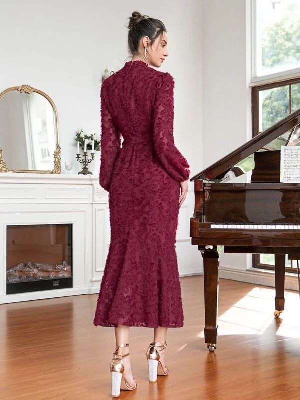 Europe High quality retro elegant casual long sleeve tunic belt with lining ladies lace fishtail skirt dress