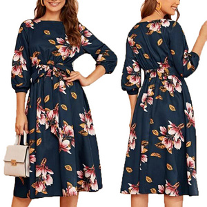 Customize Spring Autumn digital print blazer dresses Elastic Waist Belted silk fabrics dress Elegant Long Dresses