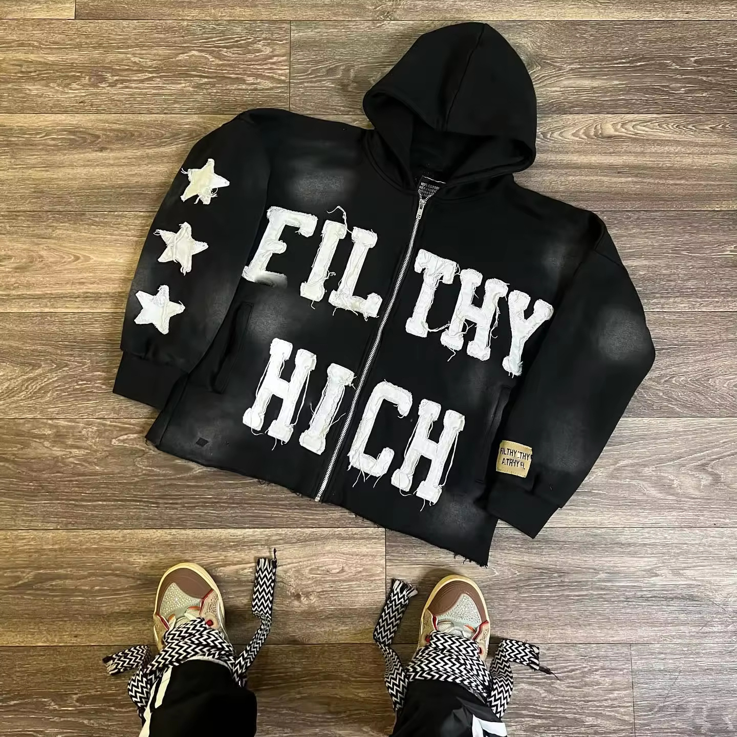 Custom 500 gsm heavy weight thick zipup hoodie cut and sew zipper vintage embroidery applique patch acid wash zip up hoodie men