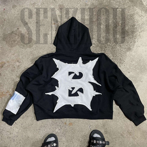 custom distressed patch embroidery vintage aged applique stitching 500gsm Hoodie cut and sew cropped stone acid wash hoodie men