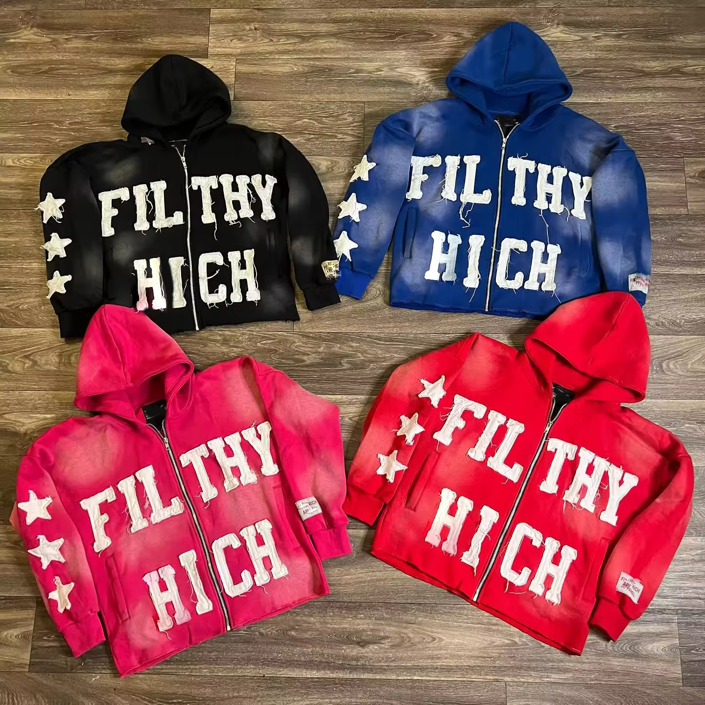 Custom 500 gsm heavy weight thick zipup hoodie cut and sew zipper vintage embroidery applique patch acid wash zip up hoodie men